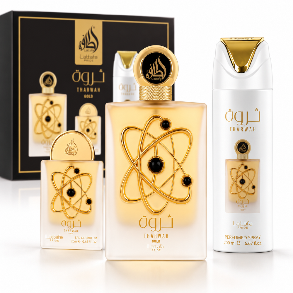 Tharwah Gold by Lattafa Pride 3-Piece Gift Set – 100ml + 20ml + 200ml