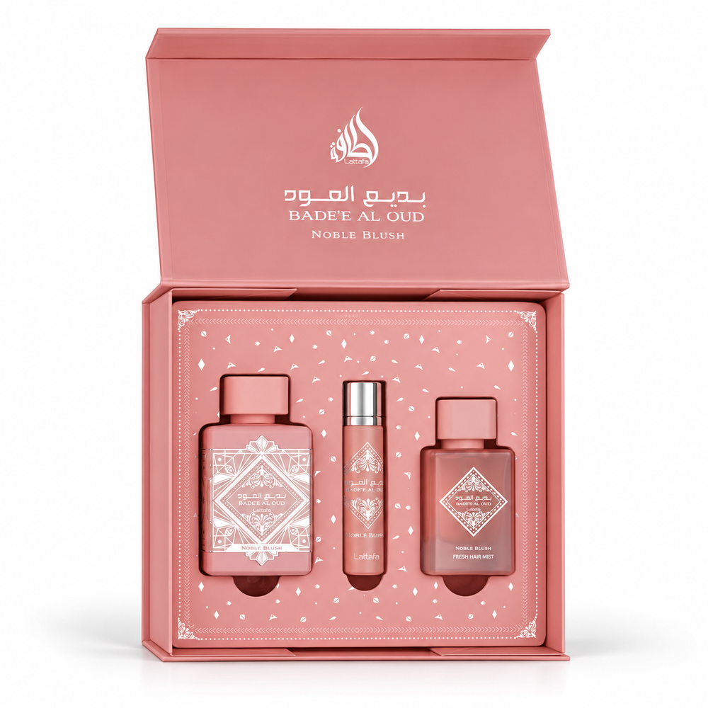 Badee Al Oud Noble Blush Gift Set – 100ml + 12ml + Hair Mist-LATTAFA