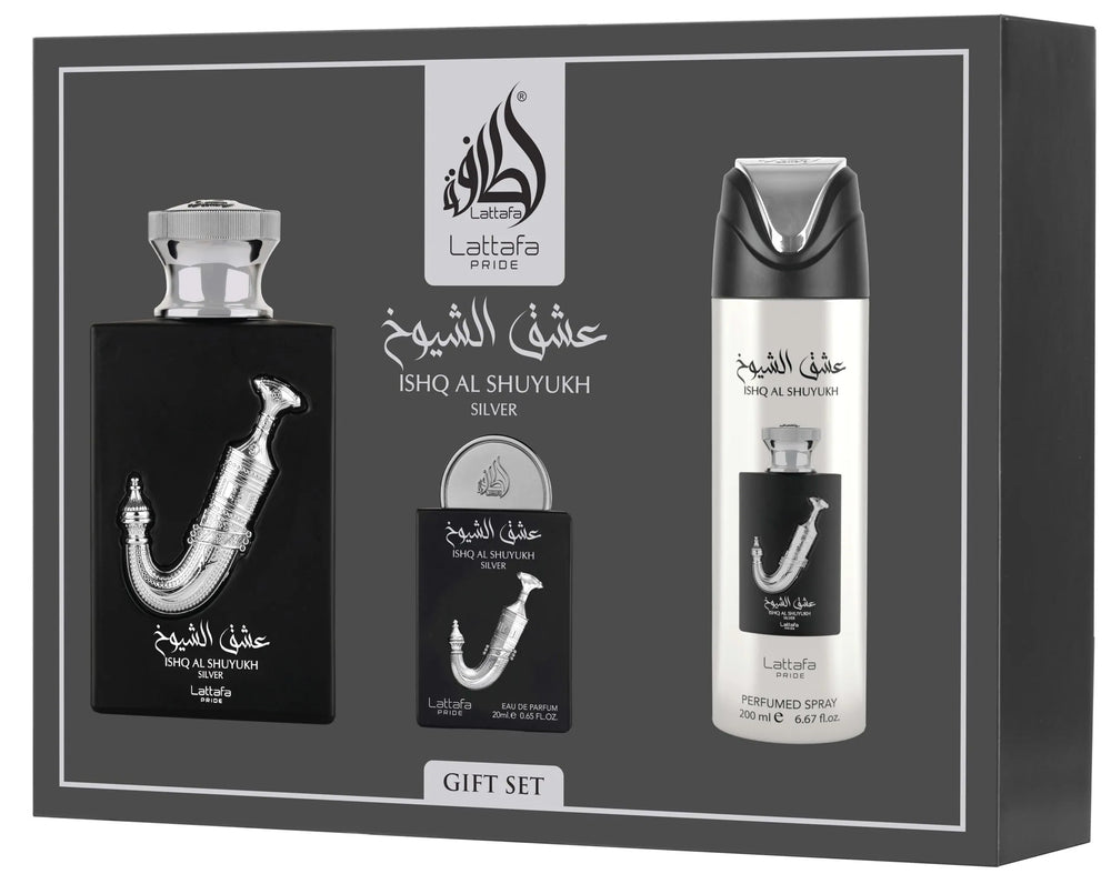Ishq Al Shuyukh Silver by Lattafa Pride 3-Piece Gift Set – 100ml + 20ml + 200ml